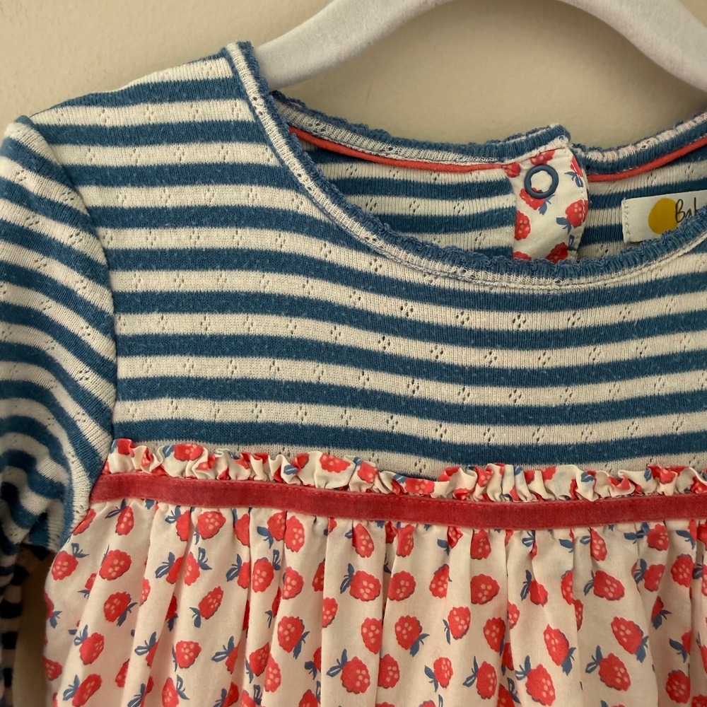 Baby Boden Girls Blue Striped Strawberry Print Cotton Dress 2-3Y 98cm Red Velvet - Picture 2 of 5